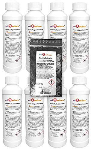 Saunaaufguss Set 8 x 250 ml von well2wellness® gratis 10g Mentholkristalle - freie Wahl aus über 60 Saunadüften