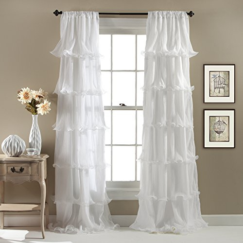 Lush Decor Nerina Light Filtering Window Panel Single 54 W x 84 L White - Ruffle Curtains for Bedroom - White Curtains for Living Room - Coquette Decor