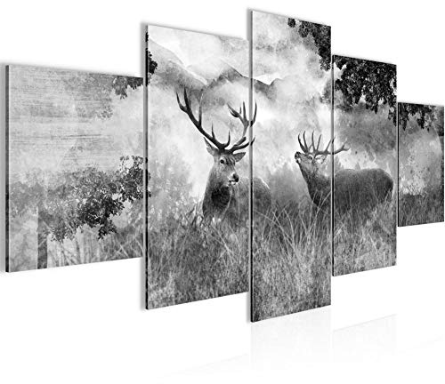 Runa Art - Bilder Hirsch Natur 200 x 100 cm 5 Teilig XXL Wanddekoration Design Schwarz Weiss 011451c