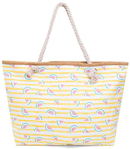 Faera Strandtasche gestreift mit Melonen-Muster XXL Shopper Beach Bag mit breiter Kordel Schultertasche, Taschen Farbe:Gelb