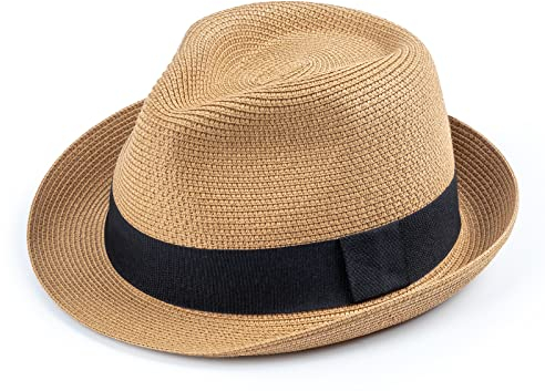 DRESHOW Damen Panama Hut Breiter Krempe Stroh Sommer Fedora Strohhut Panama Aufrollen Hut Strand Rollbar UV Sonnenhut UPF 50 +