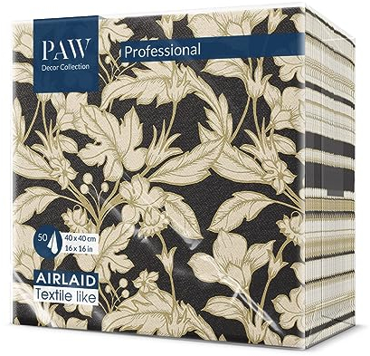 PAW - Servietten aus Airlaid - Stoffähnlich (40 x 40 cm) I 50 Stück I Ideal für Hochzeit, Taufe, Kommunion, Geburtstag I Stoffservietten - Gold, Blätter, Blumen I Schwarz I Farbe: Floral Pattern