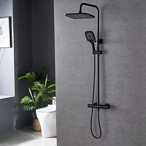 Plumbsys Duschsystem mit Thermostat Regendusche Rechteckig Schwarz, 3 Strahlarten Handbrause Duschstange Regenwalddusche Komplett für Dusche