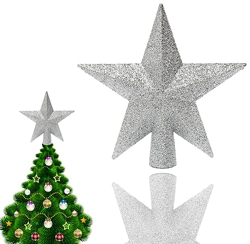 HONGECB Christbaumspitze Stern Verzierung, Glitter Baum Stern Weihnachtsdekoration, Glitzernde Weihnachtsbaumspitze aus Kunststoff, Für die Dekoration der Christbaumspitze, 20 cm,Silber