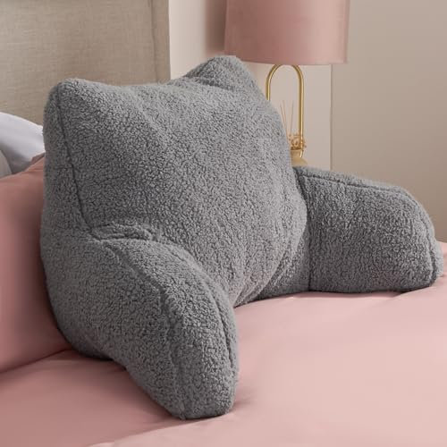 OHS Teddy Fleece Cuddle Cushion Grey, Reading Pillow Back Support Cushions Soft Cosy Snuggle Cushion for Bed Teddy Pillow with Arms Bed Seat for Relaxing Working