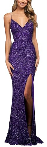 Duohropke Abito con Paillette Donna Lungo Abito di Glitzer Elegante Sexy Abito da Sposa Abito Elegante da Cerimonia Abito da Cocktail Abito Mini di Glitzer Abito di Sequin Carnevale Costume, Lilla, M