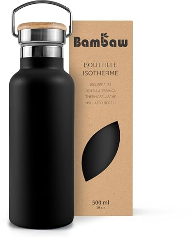 Bambaw Isolierflasche 500ml, Schwarze Trinkflasche, Edelstahl Trinkflasche, Thermosflasche Fahrrad, Trinkflasche Auslaufsicher 500ml – Tiefschwarz