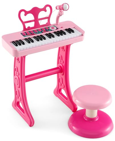 KOMFOTTEU Clavier 37 Touches pour Enfants, Piano Électronique avec Effets Sonores et Microphone, Piano pour Enfants avec Tabouret, Clavier Rose