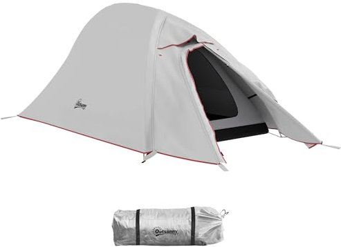 Outsunny Tenda da Campeggio a 2 Livelli con Tasca Portaoggetti e Borsa da Trasporto, Tenda da Trekking in Poliestere e Alluminio, 300x135x110 cm, Grigio Chiaro