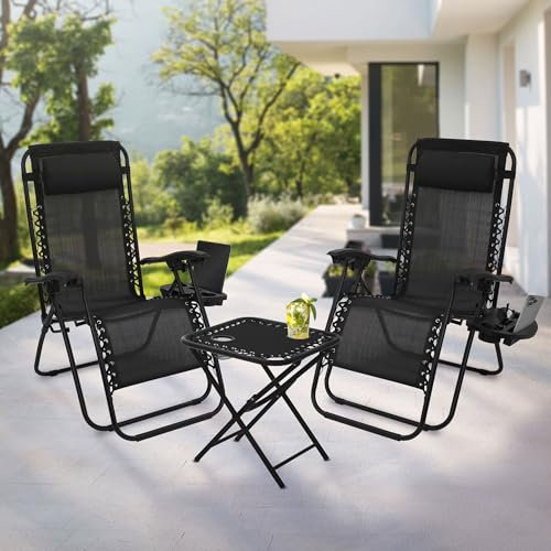 ML-Design 3-teiliges Sonnenliege Set klappbar, Gartenliege Set mit Tisch, Schwarz, Liegestuhl mit verstellbarem Kopfpolster & Rückenlehne, wetterfest/Outdoor, Relaxliege Gartenstuhl mit Getränkehalter