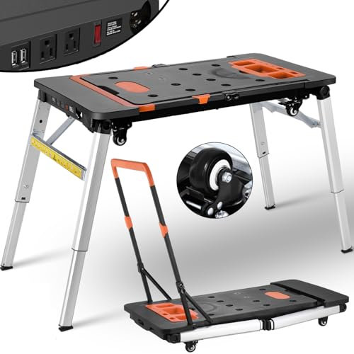 LIFERUN 7en1 Banco de Trabajo Plegable con Enchufe Integrado,Mesa de Trabajo Altura Ajustable,Carro Transporte con 4 Ruedas,Plataforma de Trabajo,Superficie de Trabajo,Banco de Carpintero Mesa Tensora