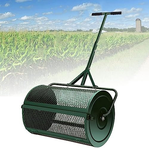 OJKJGY Esparcidor de abono para césped y jardín de 24, esparcidor de estiércol de turba, Cesta de Malla metálica Resistente con Mango en T para sembrar, césped, Verde, Separado, 32 x 60 cm