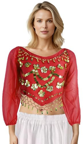 MUNAFIE Bauchtanz Oberteil Bauchtanz Kostüm Damen Pailletten Oberteil Damen 3/4 Ärmel Pflaumengemustertes Tanz Top mit Glocken Rot
