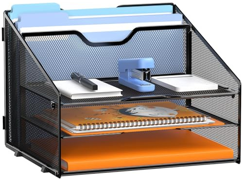 GAWERK Letter Tray Organizer, Mesh Desk File Organizer with 3 Paper Trays and 2 Vertical Upright Section, Blank