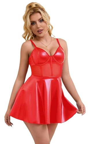 comeondear Babydoll, negligé med push up, sexig läderklänning, damer, kort, stora storlekar, spets/PU-läder, nattklänning, rygglös, underkläder, kurvig, miniklänning, v-ringad, nattkläder, set med
