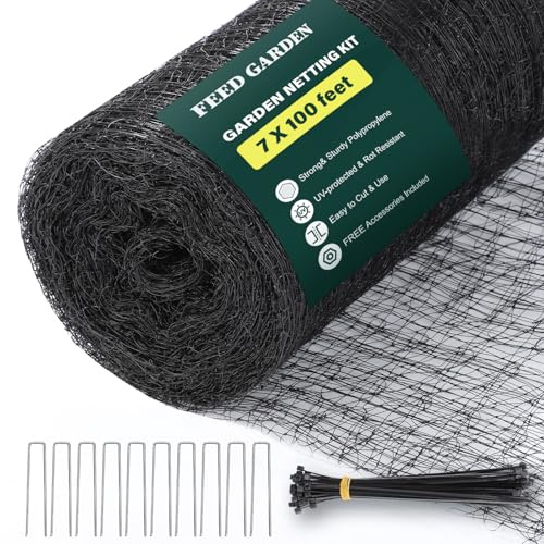FEED GARDEN Heavy Duty Deer Netting - 7x100ft UV-Protected Garden Fence with 3/4 Fine Mesh - Includes 10 Stakes & 50 Zip Ties for Easy Installation