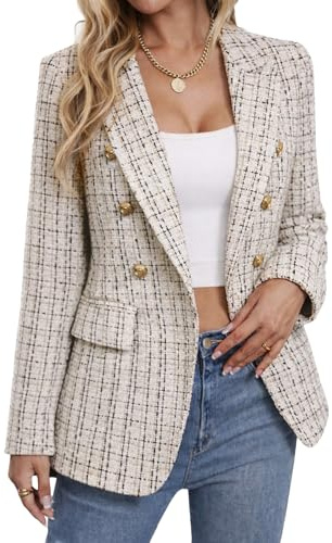 Mina Self Tweed Blazers Jacket for Women 2026 Fall Winter Casual Blazer Fashion Womens Long Lightweight Work Business Lady Double-Breasted Boyfriend Petite Suit Suits P/Beige S
