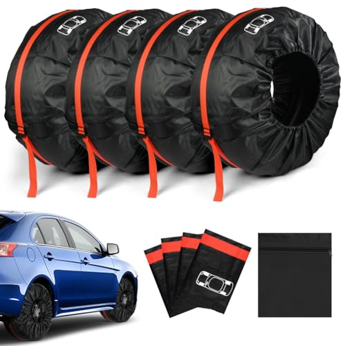 Adiwo Car Spare Tire Covers 4 Pack, 13-18 IN Tyre Bag Set, Diameter 66cm Wheel Protection Cover, Tyre Bags with Handle, Waterproof Dustproof Auto Spare Tires Storage Bags for Car UV SUV Truck, S