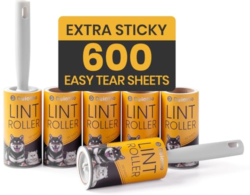 DELOMO Extra Sticky Lint Roller for Pet Hair, 600 Sheets Mega Pack (2 Rollers+ 4 Refills), Pet Hair Remover for Clothes, Couch, Furniture, Bedding, Car Seats - Easy Peel Design for Dog Cat Owners