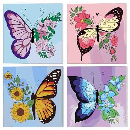 NAIMOER 4 Pack Framed Paint by Numbers Butterfly for Adults Beginners, DIY Flowers Painting by Numbers for Age 6-12, Art on Canvas Gifts Home Wall Decor 8x8in