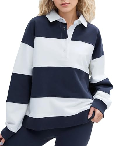Soamat Womens Striped Color Block Polo Sweatshirt Rugby Shirt Oversized Long Sleeve Lapel Corllared Pullover Blouses,White Navy Blue,Large