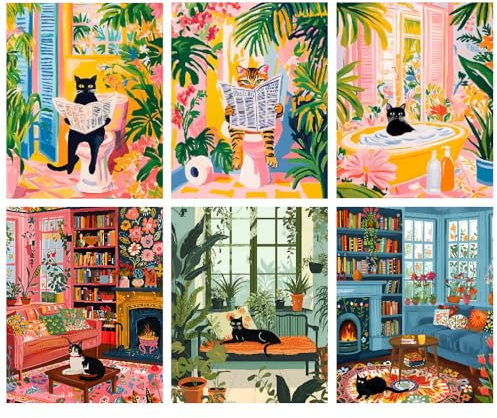 BEAYIOU 6 Pack Animals Paint by Numbers Kit for Adults Frameless,Funny Black Cat DIY Adult Painting by Number Kits on Canvas,Easy Acrylic Paint Kit Beginners for Home Decor 9.8x13.8 Inch