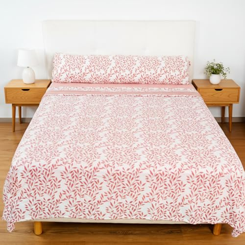 H HANSEL HOME Juego de Sábanas Termicas 3 Piezas Pirineo para Cama de 135x190cm, Sábanas Polares de Invierno Ultra Suave, Incluye Sabana Bajera + Encimera + Funda de Almohada - Hojas Rosa