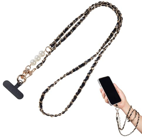 Derwrtup Cordón para smartphone, perlas artificiales, cadena para smartphone, para aplicación, para fiestas, compras, viajes, al aire libre, oficina y turismo, Negro, Siehe Beschreibung