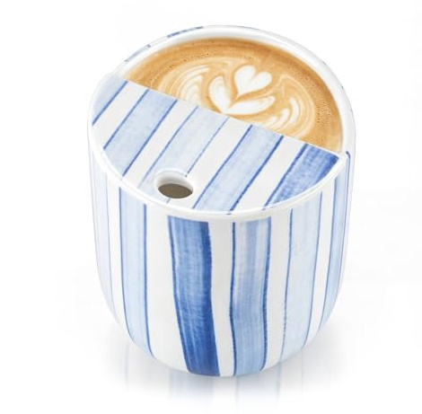 Ferrochef Ceramic Mug with Sip Hole 10 oz Novelty Blue Striped Coffee Mug Hand Painted Ceramic Cup Heat Resistant Non Slip Built in One Lid Handcraft Mugs for Coffee Lovers Appreciation Gift