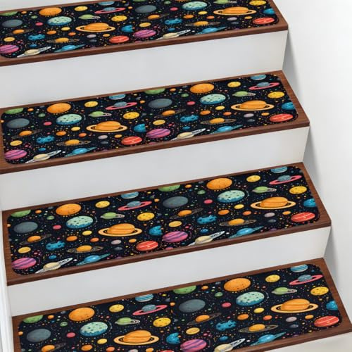 DXTKWL Colorful Space Universe Planets Stair Treads Non Slip Bullnose Stair Step Carpet Runner Rug Mat for Wooden Marble Ceramic Staircase Steps, 1 Pcs