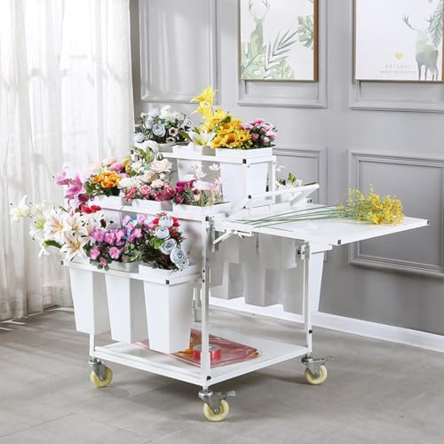 Soporte De Exhibición Para Carros De Flores Con Ruedas Soporte De Exhibición De Flores De Metal Soporte Móvil Para Ramos De Flores Banco De Trabajo Plegable Para Puestos De Mer White 68 x 68 x 103 cm