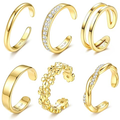 ADRAMATA 6PCS 14K Gold Filled Anelli da Piede per Donna Regolabile Toe Ring Set Open Band Semplice CZ Daisy Flower Toe Rings Eleganti Spiaggia di Estate del Piede Gioielli