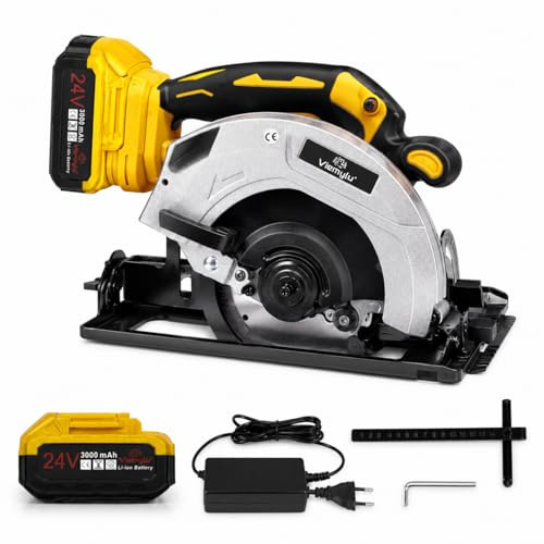 Viemylu Sega Circolare Brushless 1000W, 24V Batteria agli Ioni di Litio, 5200 Giri/min, Taglio 185mm, Motore Brushless