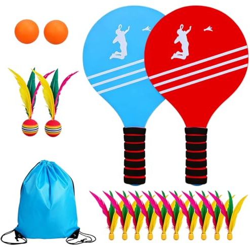KQWVZ Beach Bat and Ball Set, Game Wooden Beach Bats Set with 2 Rackets 12 Birdies 2 Balls, Wooden Paddle Ball, Bat And Balls Sets For Kids with Storage Bag,Beachball Sets for Garden Party