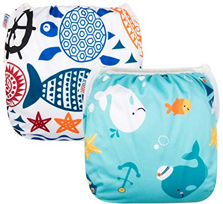 ALVABABY 2pcs Swim Diapers Baby & Toddler Snap One Size Reusable Adjustable Baby Boy Cartoon Fish Small DYK05-06