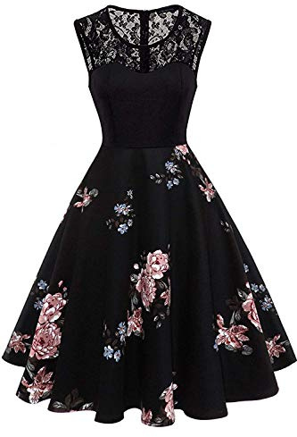 AXOE Femme Robe Vintage Années 50 Pin Up Mi Longue en Coton et Dentelle Robe de Cérémonie Taille Empire pour Mariage, Cocktail & Soirée Noir F4, Taille 38, S