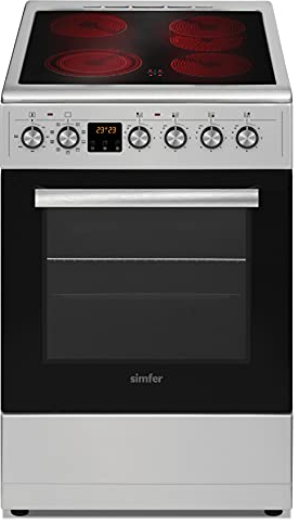Simfer Standherd 50 cm mit Glaskeramikkochfeld FS 4249, 47 Liter, Zweikreis & Bräterzone, 4 Hilight-Zonen, Grillfunktion, Umluft, Teleskopauszug, Geschirrwagen, Digitaler Timer, Seitengitter