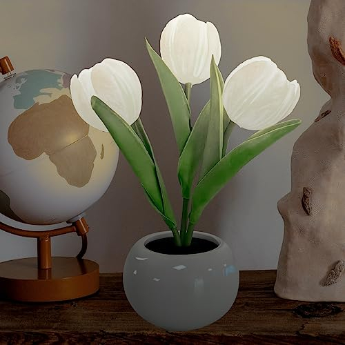 YATOSEEN Lampada Tulip, Lampada da Tavolo Lampada da Scrivania Ornamenti Floreali Simulazione Led Tulip Night Light con Ceramica Vaso, per la Decorazione del Desktop del Soggiorno di Casa