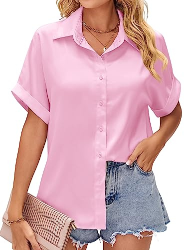 Heersan Women Satin Blouse Silk Blouses Short Sleeve Button Down Shirt Casual Shirts Office Work Tops for Ladies UK