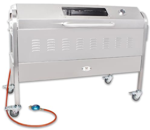 Beeketal 'BSG-120D' Edelstahl Spanferkelgrill Gasgrill mit Deckel, Elektromotor und Spieß (3-fach verstellbar) - Gasbrenner mit Piezozündung, Grillwagen mit bremsbaren 360° Rollen, Holzkohlewanne