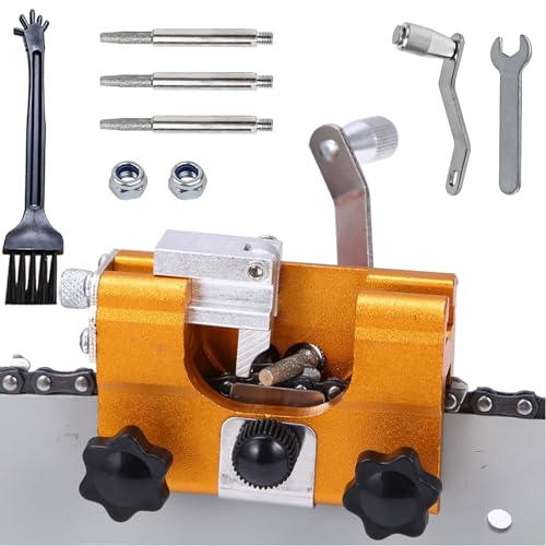 VnkloMes Sägekettenschärfgerät,Kettensäge Schärfgerät, Tragbar Handkurbeln Kettensägenschärfer mit 3 Schleifköpfen, Manuelle Kettenschärfgerät Zubehör für Alle Arten von Kettensägen