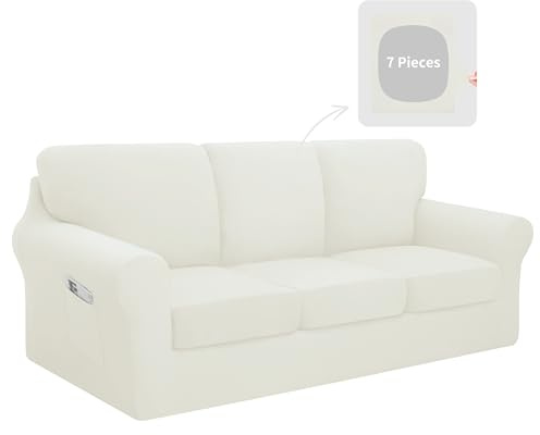 Easy-Going 7 Pieces Stretch Couch Cover Washable Sofa Cover Set for 3 Backrest and Seat Cushion Couch Anti-Slip Sofa Slipcover Furniture Protector with Elastic Bottom (Large, Ivory)