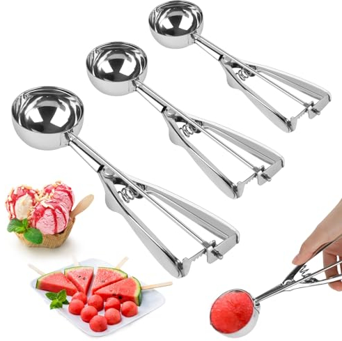 VFANDV 3 Pezzi Cucchiaino per Gelato, Porzionatori per Gelato in Acciaio Inox 4cm/5cm/6cm Paletta Gelato con Grilletto Cucchiaio Gelato Palline per Frutta Biscotti Polpette Torte