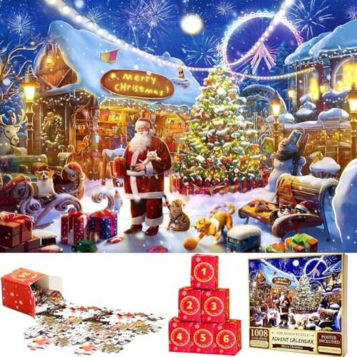 VEEKAY Puzzle Adventskalender 2024,24 Boxen 1008 Teile Weihnachts Jigsaw Puzzle,24 Tage Weihnachtspuzzle Countdown Bis Weihnachten,Weihnachtsgeschenke für Erwachsene und Kinder,70cm x 50cm