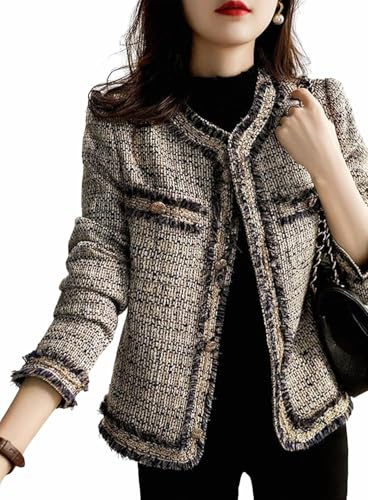 Hecatombic Women's Fall Elegant Tweed Jacket Button Placket Short Blazer Jacket Dress Wedding Jacket Placket Long Sleeve Casual Coat Sweater (Picture Color,M)