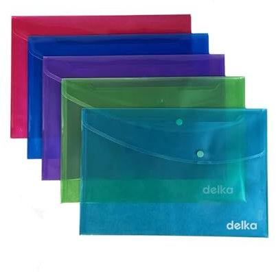 delka A4+ Popper Wallet Foolscap, Assorted Transparent Colours, Durable Document Folders, Secure Snap Closure, Tear-Resistant, Ideal for School, Office, or Home Use (Pack of 5)