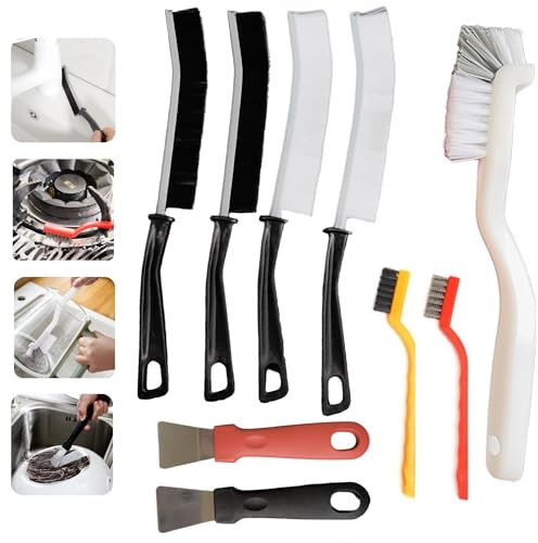 ALPH 9Pcs Crevice Cleaning Brush, Hard- Bristled, Multifunctional Recess Cleaning Brush Window Tool Kit for Bathroom, Kitchen Stainless Steel Brass Magic Brush For Oven Cleaning Tool Non-Scratch