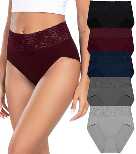 Wealurre Bragas Mujer Algodon Cintura Alta Encaje Braguita de Talle Alto Culotte Cómodo Talla Ropa Interior Pack de 5,L,Dark