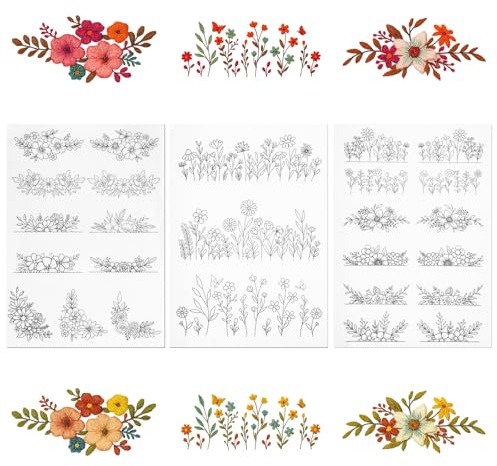 Water Soluble Embroidery Stabilizer 3 Sheets Water Soluble Stabilizer for Embroidery Patterns Stick and Stitch Embroidery-Paper Designs Transfer Paper with Pre-Printed Flower Leave for Hand Sewing