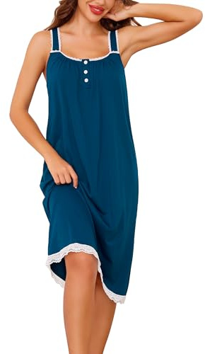 Vlazom Cotton Nighties for Women Sleeveless Nightgown Elegant Lace Trim Ladies Nightdress Sleep Shirt Loungewear with Buttons S-3XL